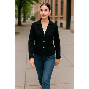 Adrienne Vittadini Womens Black Knit Blazer Cardigan Gold Buttons Sz XS Chic